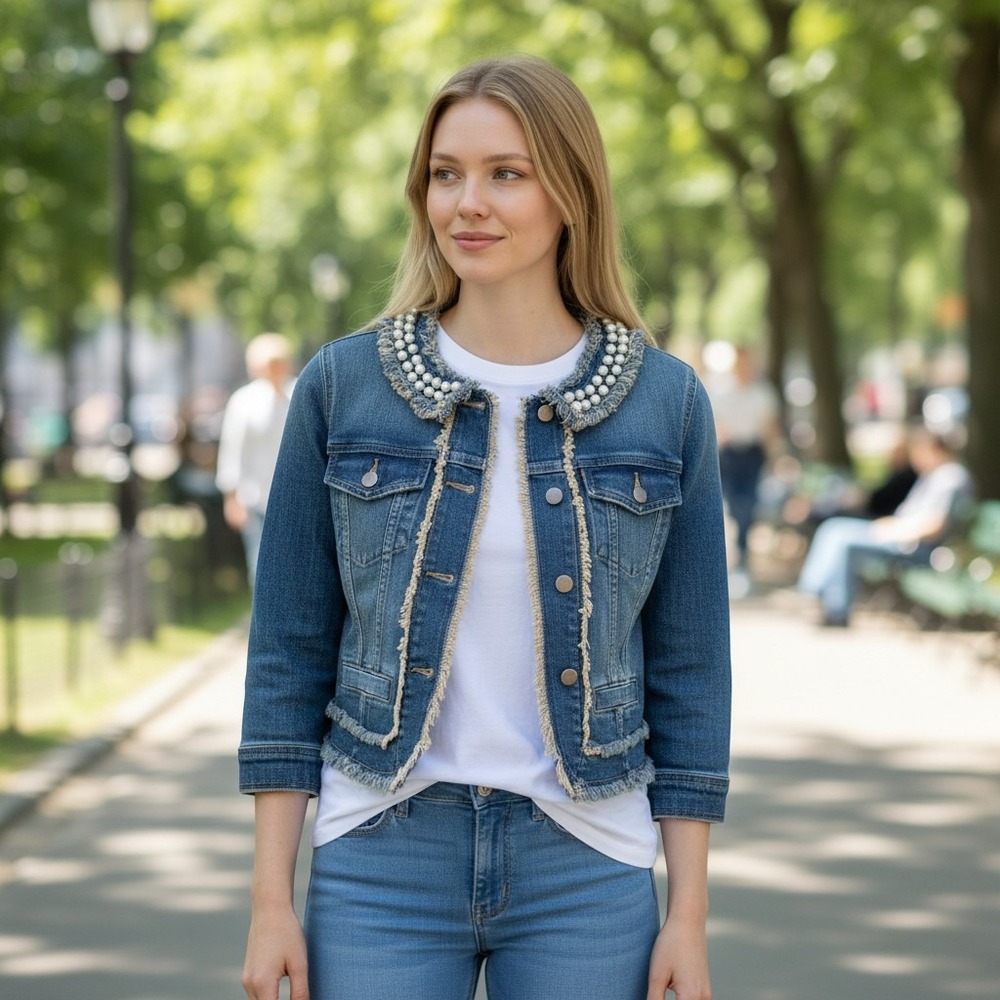 Princess Vera Wang Pearl Embellished Cropped Denim Jacket Blue Y2K Medium